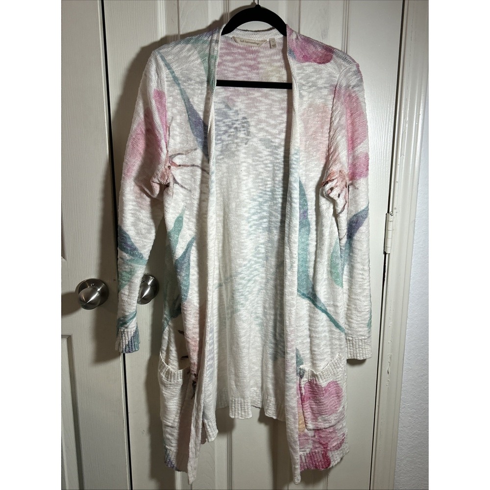 SOFT SURROUNDINGS Long Floral Duster Cardigan Sweater L Chic Office Layer Cotton